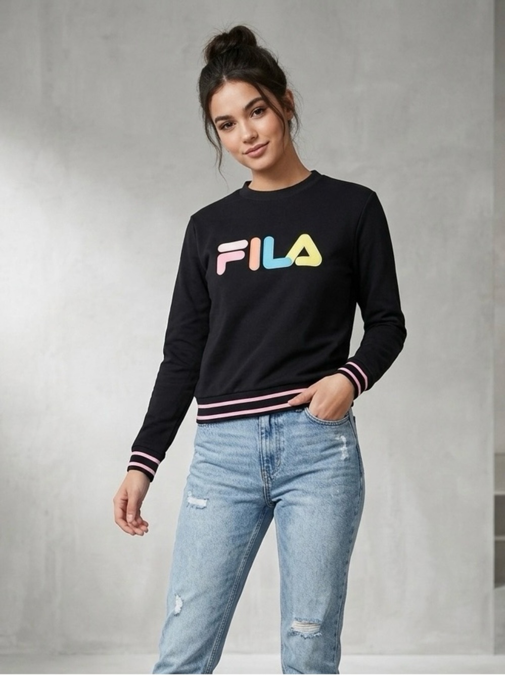 Fila Black Sweatshirt with Pastel Logo and Stripe Trim